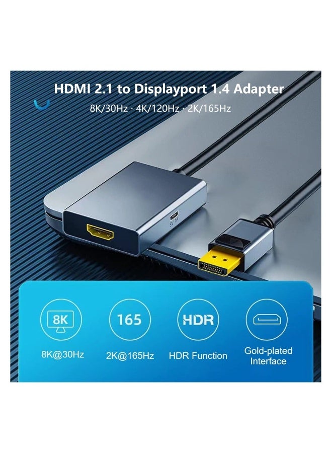 HDMI to Displayport 8K Adapter with USB Power, HDMI 2.1 Female to DP 1.4 Male Converter Support 8K@30Hz/4K@120Hz/2K/144Hz for Xbox One/PS4/PS5/NS - Image 1